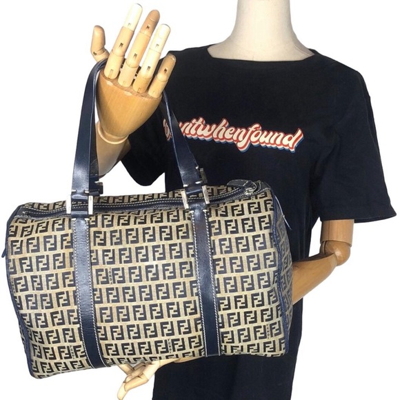 FENDI Zucca Navy Blue Leather Grey Canvas Boston Carry-On Bag Speedy 30 EUC - Picture 17 of 17